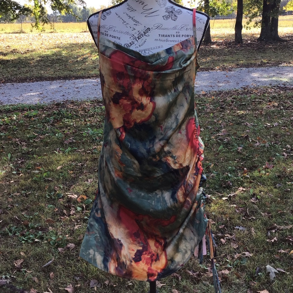 Micas Watercolor Print Ruched Drawstring Multi Color Mini Slip Dress - Picture 12 of 16